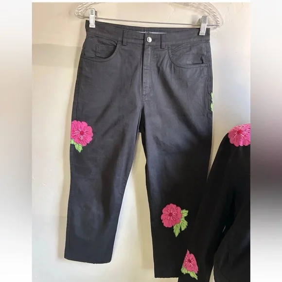 Vintage ESCADA Floral Embroidered Beaded Black Jacket + straight leg Pant SET 34